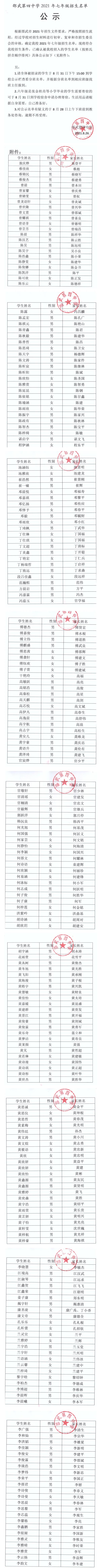 邵武第四中學(xué)2021年七年級招生名單公示