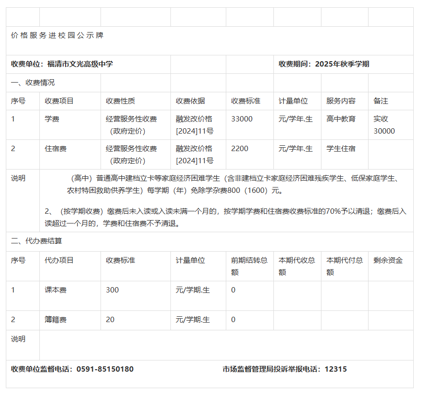 福清市文光高級(jí)中學(xué)2025年秋季學(xué)期收費(fèi)公示