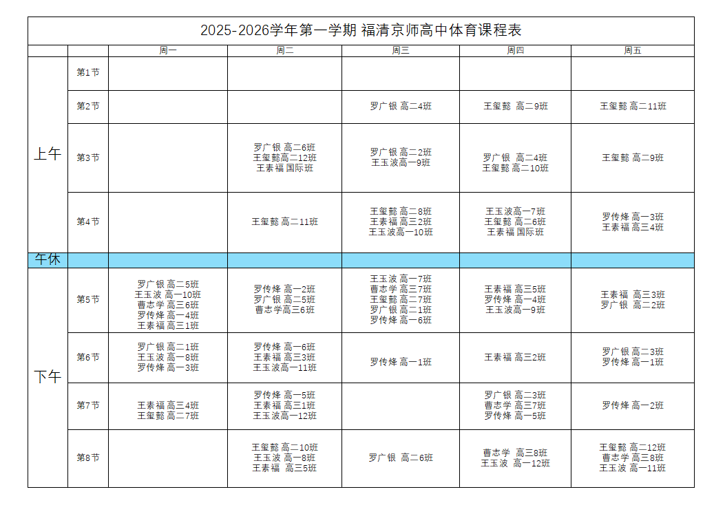 福清京師高級中學(xué)2025-2026學(xué)年第一學(xué)期課程表(體育與健康)公示
