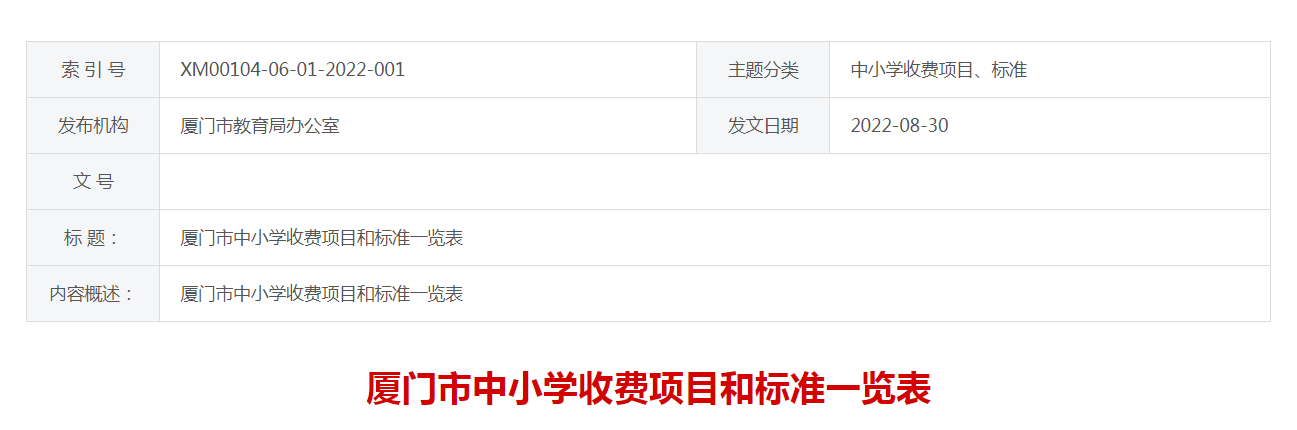 廈門市中小學收費項目和標準一覽表